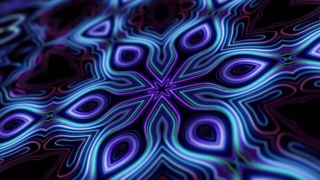 Kaleidoscopic structure with neon flash lights. 4k abstract looped bg with flashing lines pattern like symmetrical radial ornament on plane like light bulbs or garland of lines. Luma matte as alpha.