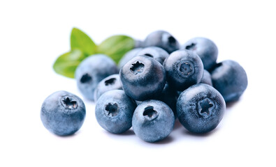 Blueberries with leaves on white backgrounds.