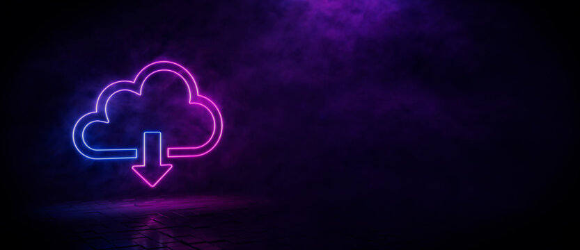 Pink and blue neon light cloud download icon. Vibrant colored technology symbol, isolated on a black background. 3D Render 