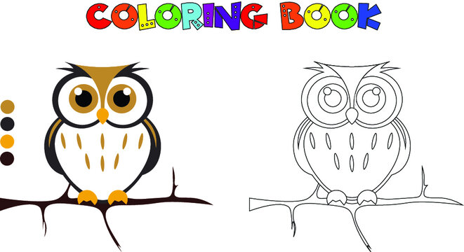 Coloring page for children coloring books. Cute cartoon brown owl. Woodland animals. Owl on a branch of a tree. Vector illustration
