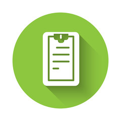 White Clipboard with checklist icon isolated with long shadow. Control list symbol. Survey poll or questionnaire feedback form. Green circle button. Vector.