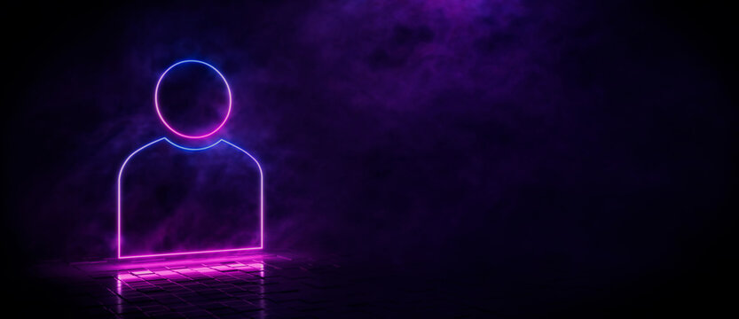 Pink and blue neon light user icon. Vibrant colored technology symbol, isolated on a black background. 3D Render 