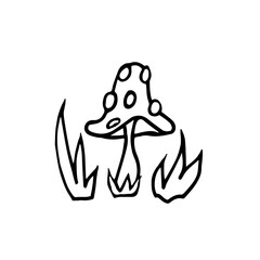 Mushroom amanita sketch black and white drawing. Doodle style
