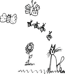 set of simple drawings of summer flowers of beetles and a cat. hand drawn vector graphics. black and white illustration