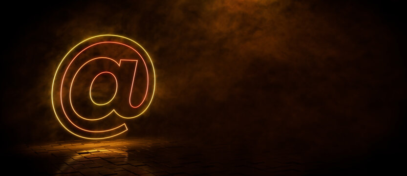 Orange and yellow neon light @ icon. Vibrant colored technology symbol, isolated on a black background. 3D Render 