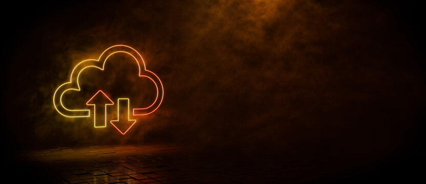 Orange and yellow neon light cloud icon. Vibrant colored technology symbol, isolated on a black background. 3D Render 