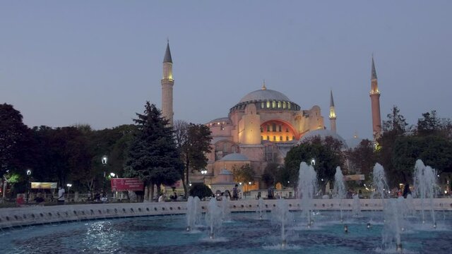 Beautiful blue hour clip of Hagia Sophia with fountains