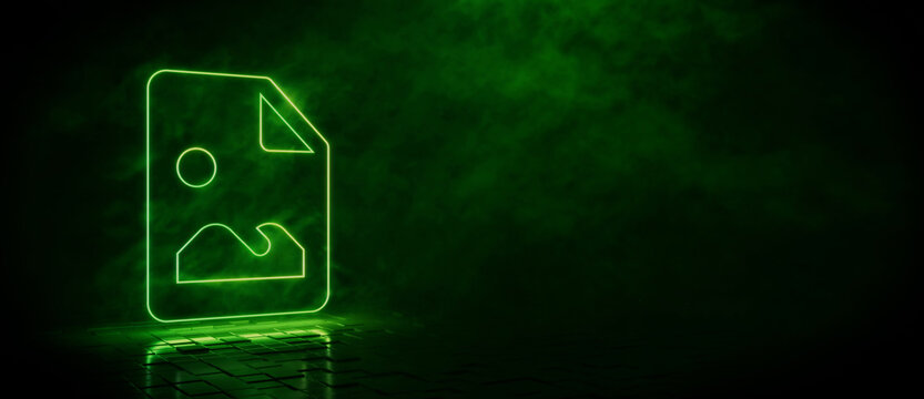 Green neon light picture icon. Vibrant colored technology symbol, isolated on a black background. 3D Render 