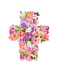 Floral Easter cross with flowers. Watercolor illustration