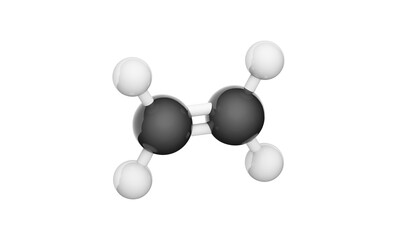 Structural chemical formula and molecular structure of Ethylene (C2H4). Chemical structure model: Ball and Stick. 3D illustration. Isolated on white background.