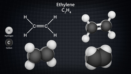 Structural chemical formula and molecular structure of Ethylene (C2H4). Chemical structure model: Ball and Stick + Balls + Space-Filling. 3D illustration.