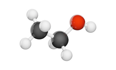 Structural chemical formula and molecular structure of Ethanol (drinking alcohol). Formula: C2H6O or C2H5OH. Chemical structure model: Ball and Stick. 3D illustration. Isolated on white background.