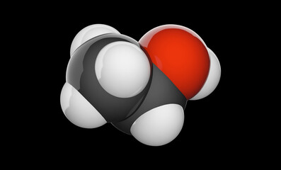 Structural chemical formula and molecular structure of Ethanol (drinking alcohol). Formula: C2H6O or C2H5OH. Chemical structure model: Space-Filling. 3D illustration. Isolated on black background.