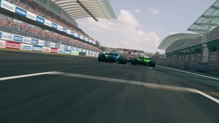 Dynamic high angle drone shot of camera passing several generic formula one race cars racing along the homestretch over the finish line – realistic high quality 3d animation - Powered by Adobe