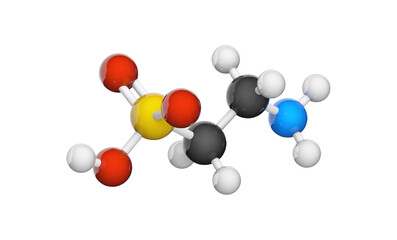 Molecular structure of taurine (2-aminoethanesulfonic acid), C2H7NO3S. Chemical structure model: Ball and Stick. 3D illustration. Isolated on white background.