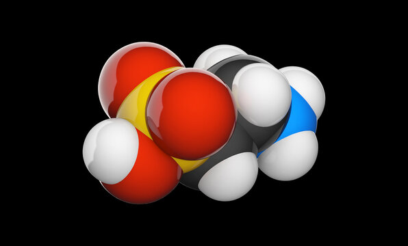 Molecular structure of taurine (2-aminoethanesulfonic acid), C2H7NO3S. Chemical structure model: Space-Filling. 3D illustration. Isolated on black background.