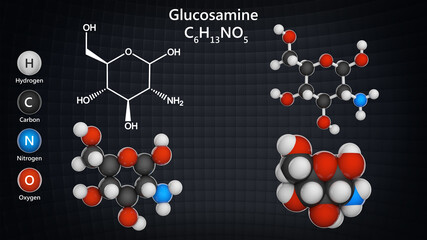 Glucosamine (C6H13NO5) is an amino sugar. treatment for osteoarthritis. Chemical structure model: Ball and Stick + Balls + Space-Filling. 3D illustration.
