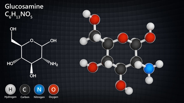 Glucosamine (C6H13NO5) is an amino sugar. treatment for osteoarthritis. Chemical structure model: Ball and Stick. 3D illustration.