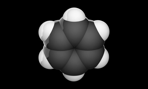 C6H6, benzol (benzene) molecule. Chemical structure model: Space-Filling. 3D illustration. Isolated on black background.