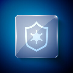 White Police badge icon isolated on blue background. Sheriff badge sign. Square glass panels. Vector.