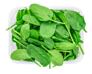 Spinach leaves  in a plastic box isolated on white background. Spinach leaf  Top view. Flat lay. Dieting lunch  food.