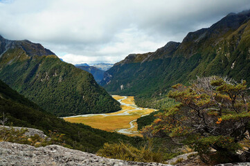 Beautiful mountains in Routeburn trek in Fiordland national park in south island in New Zealand