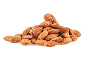 Pile of almonds seeds isolated on a white background. Almond nuts.