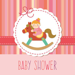 baby shower invitation, baby girl on wooden rocking horse