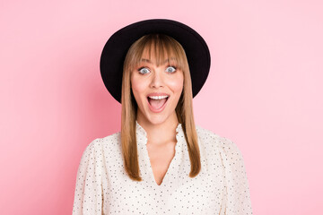 Photo of excited young lady open mouth wear vintage headwear dotted blouse isolated pink color background