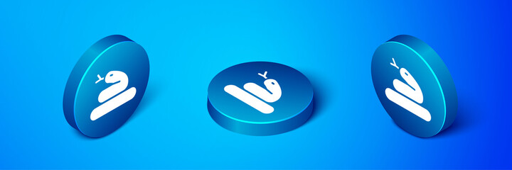 Isometric Snake icon isolated on blue background. Blue circle button. Vector.