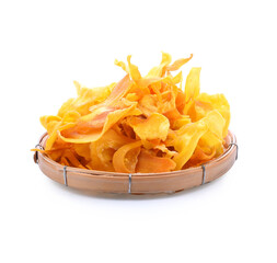 Vacuum fried JackFruit Chips in plate isolated on the white background