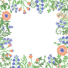 Spring square frame with flowers and twigs with space for text in the center. Simple plants, kids drawing for templates, postcards, flyers and designs, vector.