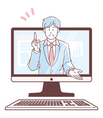 オンラインで説明をするスーツを着た男性のイラスト