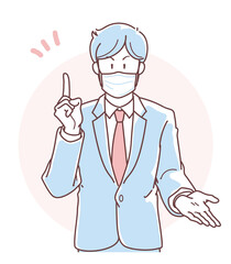 マスクをして説明をするスーツを着た男性のイラスト