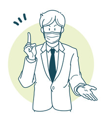 マスクをして説明をするスーツを着た男性のイラスト