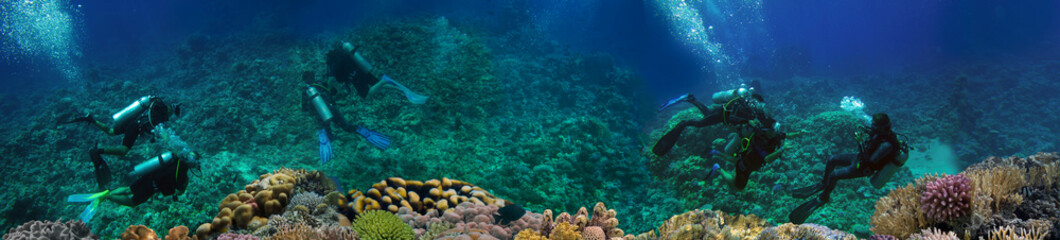 Coral reef underwater panorama with Group Of Scuba Divers Exploring Coral