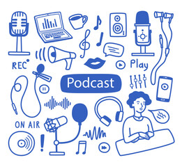 A set of contour elements and labels on the topic of recording podcasts, various microphones, a laptop, sound images. Vector illustration in the doodle style, for banners, websites, packaging.