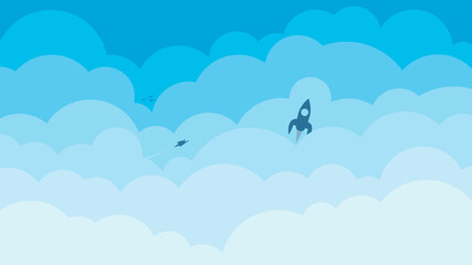 Cartoon clouds and rocket icon on blue sky vector illustration.