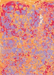 Abstract paper marbling background with gouache paint, red, orange and lilac
