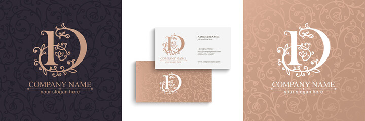 Premium Vector D logo. Monnogram, lettering and business cards. Delicate elegant floral pattern of roses . Personal logo or sign for branding an elite company. Vector design.