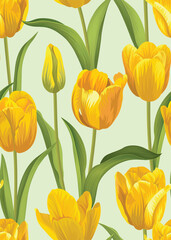 Seamless pattern of Tulip flower background template on green background. Vector set of floral element for wedding invitations, greeting card, brochure, banners and fashion design.