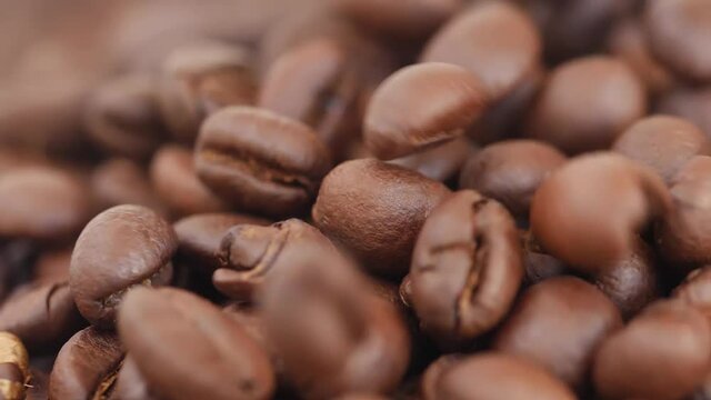 Close shot of falling brown coffee seeds, View of coffee beans
