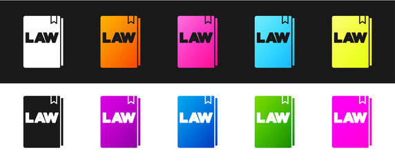 Set Law book icon isolated on black and white background. Legal judge book. Judgment concept. Vector.