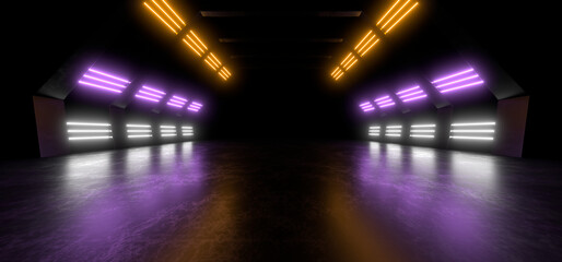 Sci Fy neon lamps in a dark tunnel. Reflections on the floor and walls. 3d rendering image.