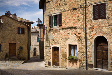 Narrow streets in the medieval village of Montichiello, Pienza, Siena, Italy