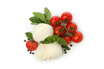 Mozzarella cheese, pepper, tomato and basil isolated on white background