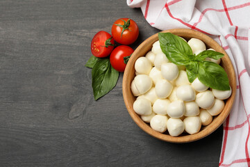 Bowl with mozzarella and basil, tomato and towel on wooden background, space for text