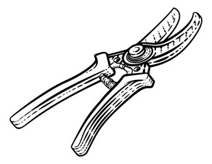 Secateurs garden pruner gardening tool illustration in a vintage retro woodcut style