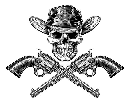 Cowboy skull grim reaper wearing hat with a pair of crossed hand guns or pistols drawn in a vintage retro woodblock engraved style