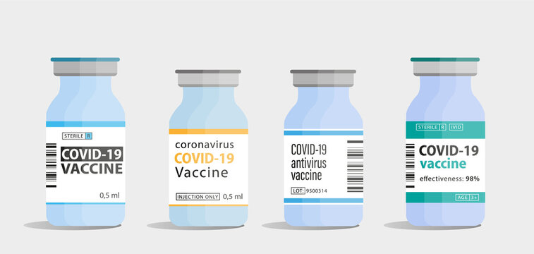 Different types of covid vaccine vial bottles. Stop pandemic, health care, immunization, vaccination concept. Covid-19 prevention therapy for adult and children. Colorful flat vector illustration.